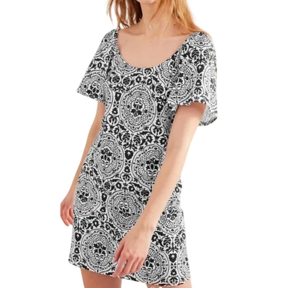 Boden Black and White Floral Scoop Neck Jersey Mini Dress 14R EUC